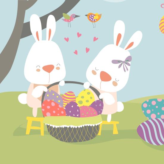 To søde påskeharer med en stor kurv fuld af påskeæg.