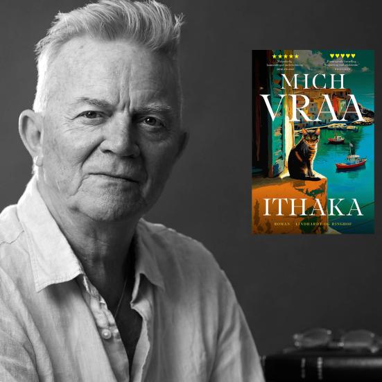 Portræt af Mich Vraa samt bogforsiden til Ithaka. Foto: Emilie Vraa.