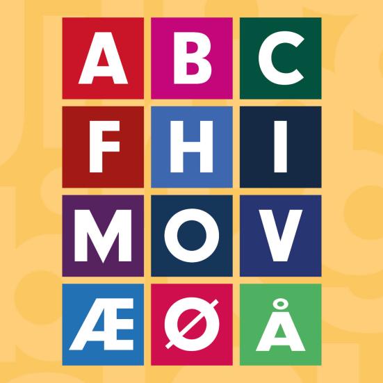 Farvede kasser med bogstavbetegnelserne for de 12 partier.