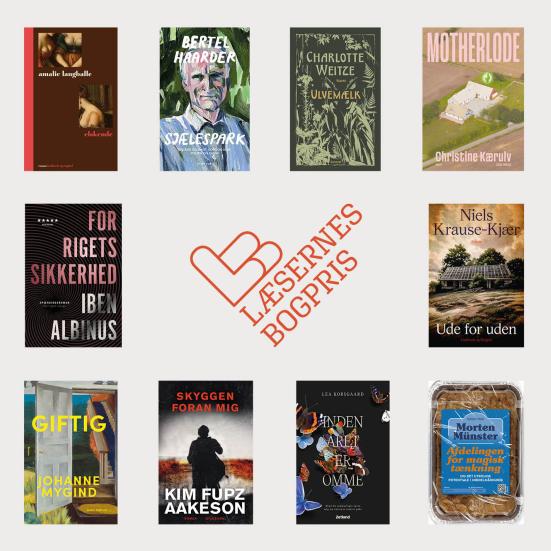 Bogforsiderne til de 10 nominerede bøger