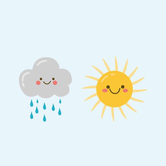 Illustration af en sky, der egner, og en sol.