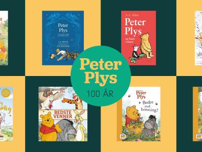 I midten står der "Peter Plys 100 år". Rundt om er der bogforsider til Peter Plys-bøger.