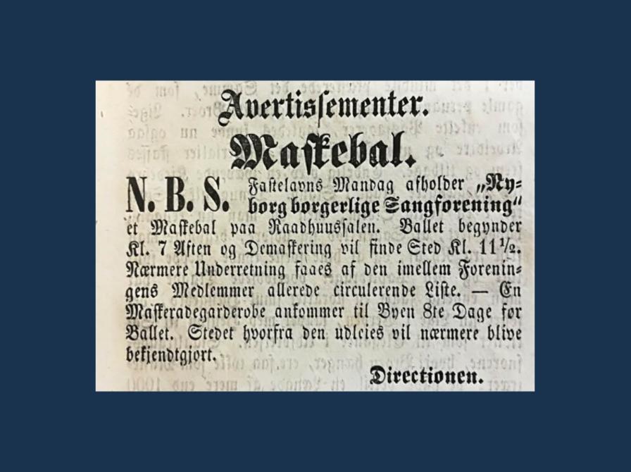 Avertissement i Nyborg Avis 16. januar 1856. Maskebal på rådhussalen. Foto: Nyborg Lokalhistoriske Arkiv