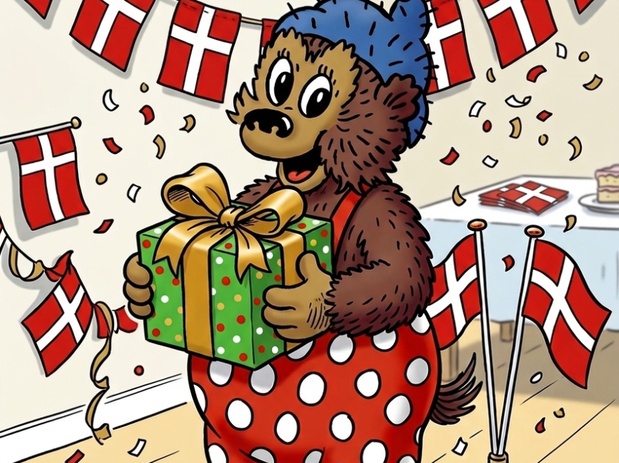 Billede af Rasmus Klump med flag, en pakke og teksten "Rasmus Klumps fødselsdag".